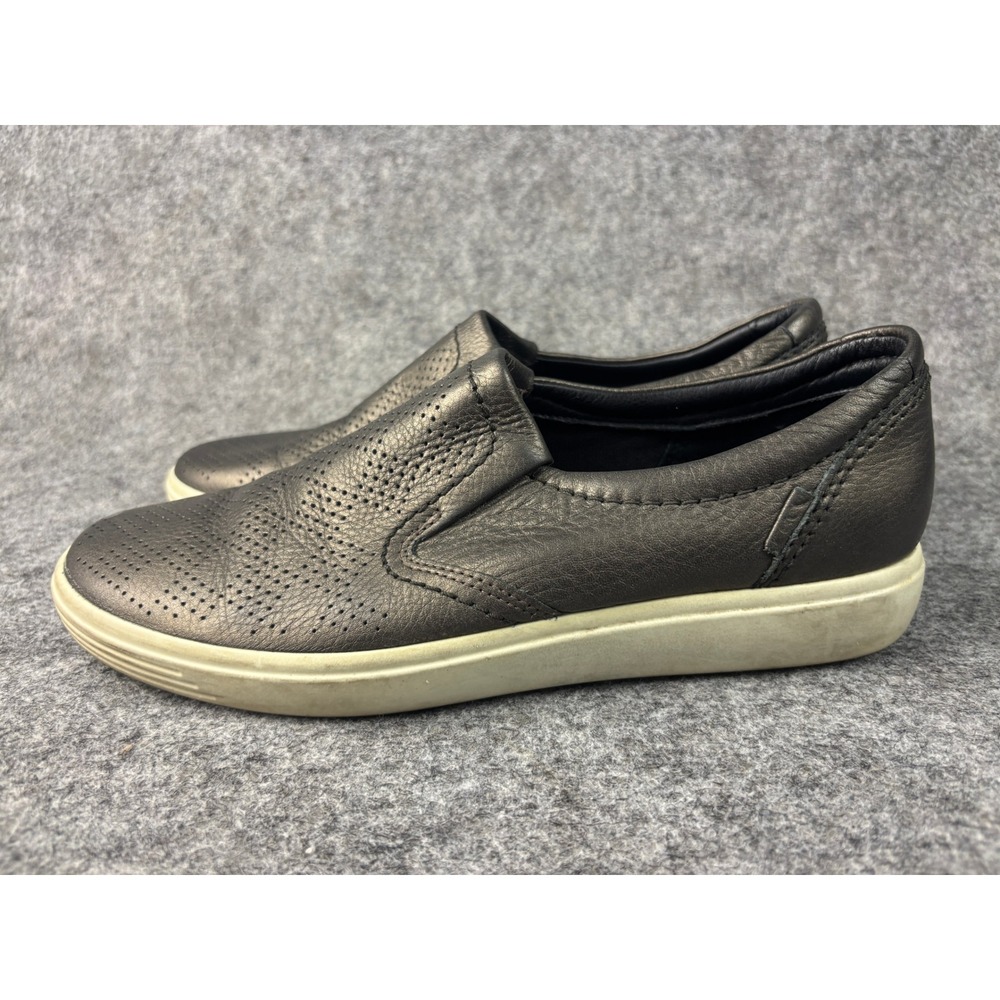 ECCO Soft 7 Slip On Sneakers Women 41 Metallic Pewter Perforated Leather Flat
